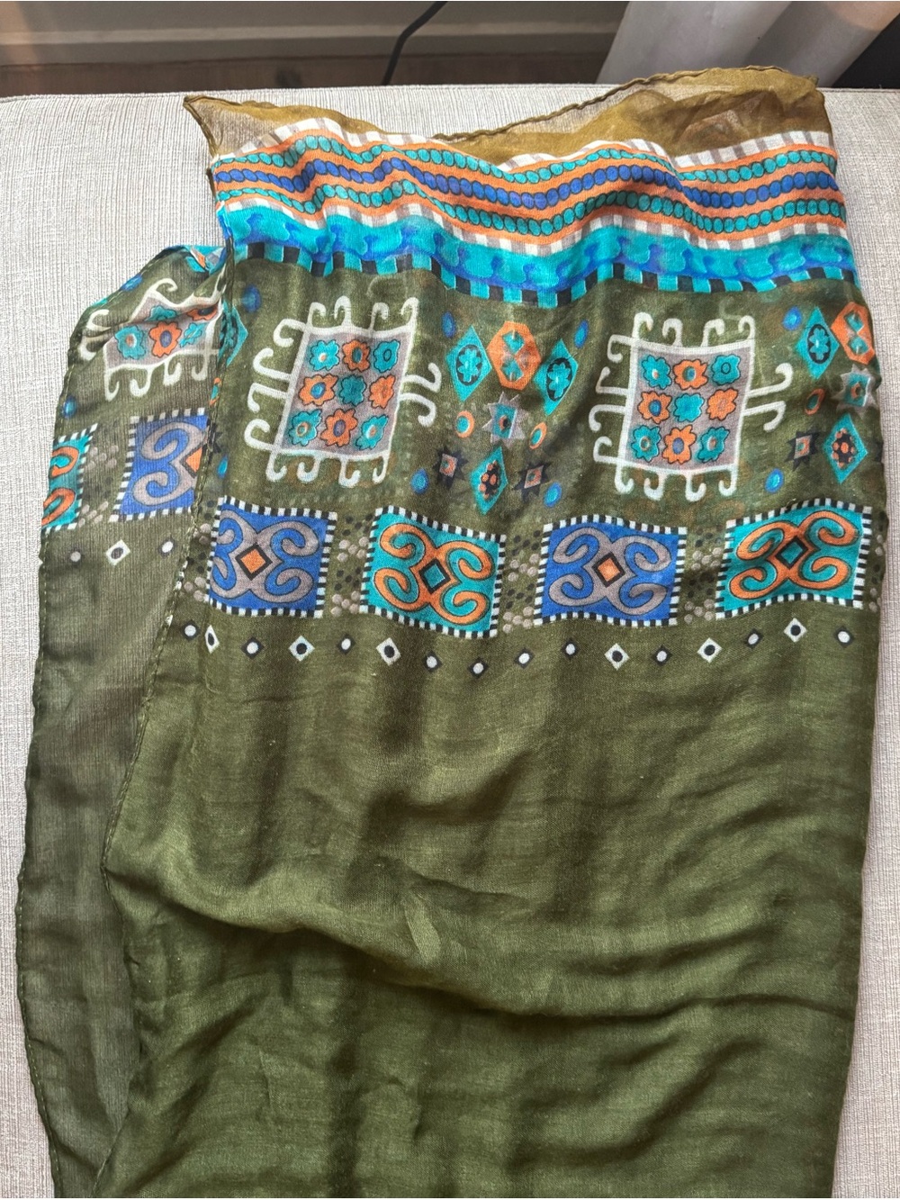Olive Green Patterned Women's Scarf Wrap with Teal & Orange Accents